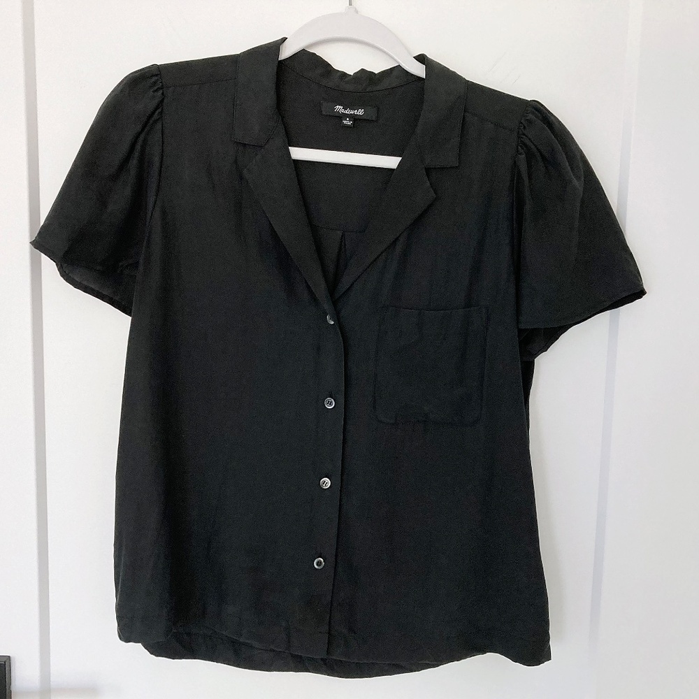 Madewell Silk Puff-Sleeve Camp Shirt in Black - S